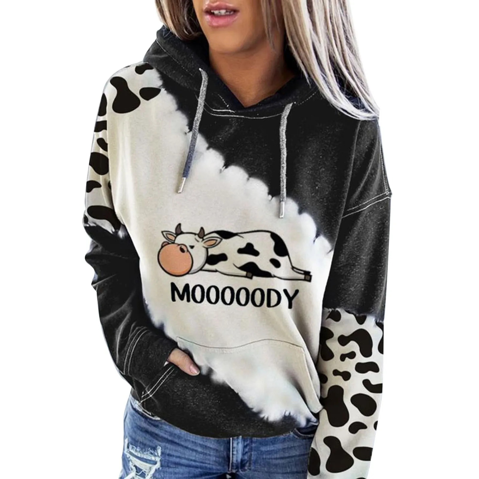 Cute Cow Print Sweatshirt Women s Harajuku Hoodie Pullover Long Sleeve Round Neck Casual Tops Clothes - The Cow Print