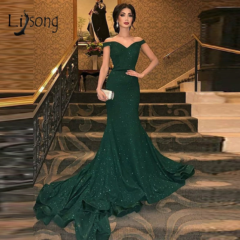 

Elegant Emerald Green Mermaid Evening Dresses 2019 Sparkle Sequined Ruffles Long Prom Gowns Abiye Robe De Soiree