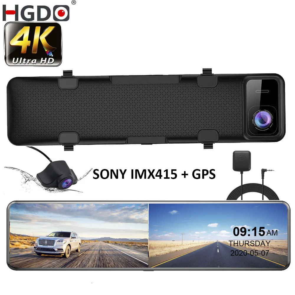 HGDO-Cámara de salpicadero DVR para coche, 12 , 4K, 3840x2160P, Sony IMX415, espejo retrovisor, GPS, 1080P, grabadora de vídeo, Monitor de estacionamiento