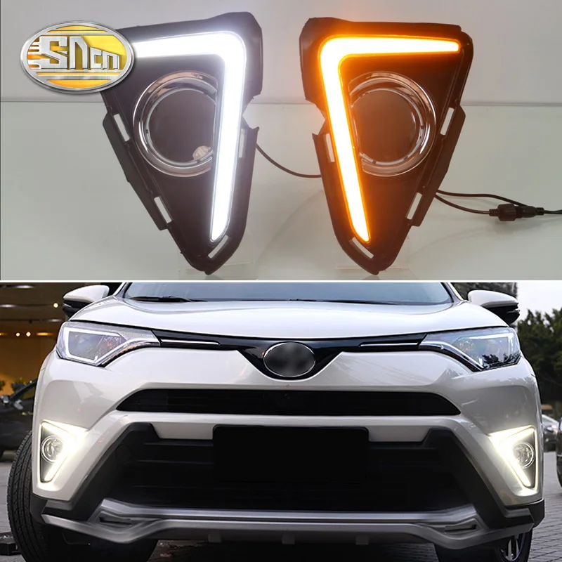 

1 Set 12V ABS Car LED DRL For Toyota RAV4 2016 2017 2018 Daytime Running Light Led Fog Lamp Cover With Trunning Yellow Signal