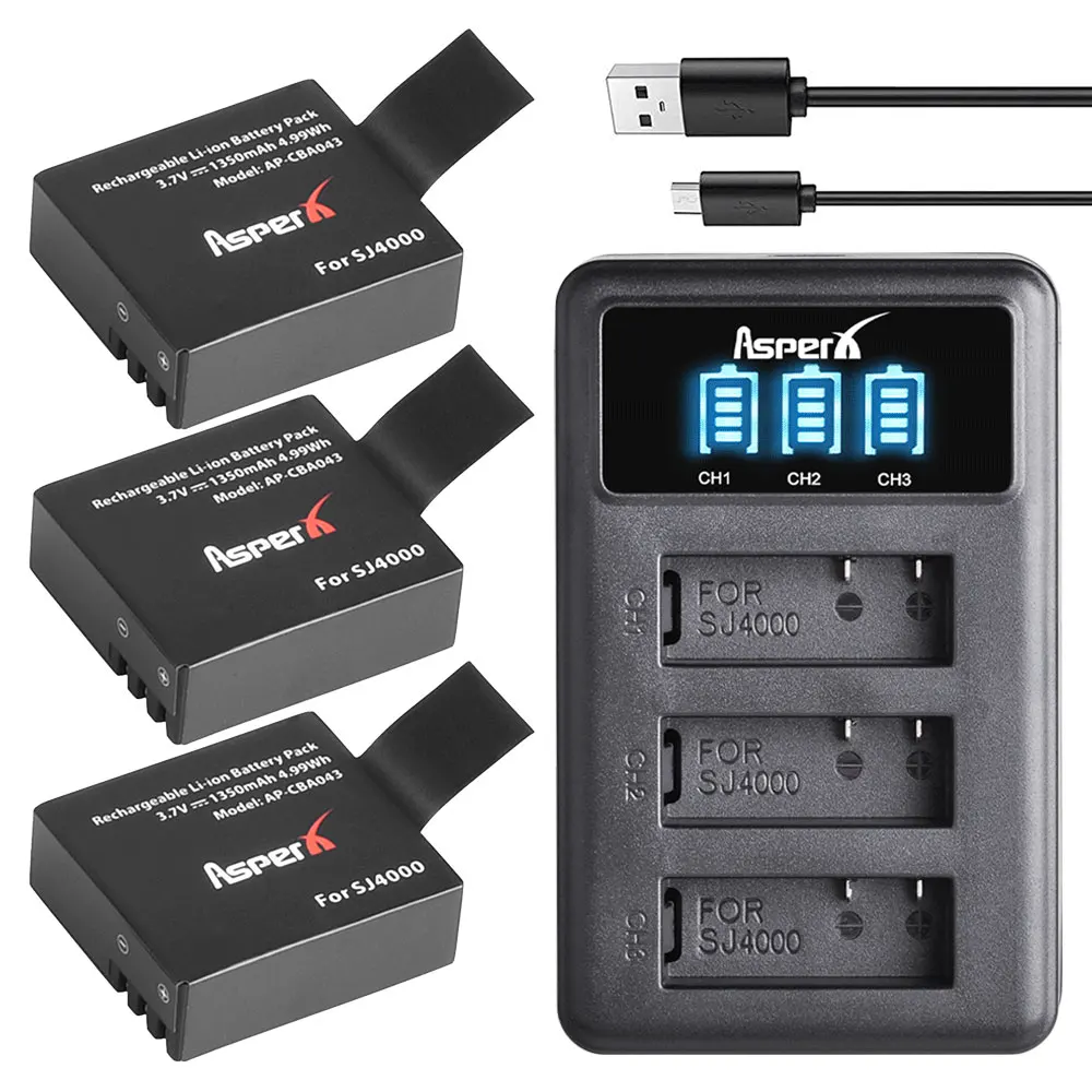 Аккумуляторная батарея SJ4000 3 шт. + зарядное устройство USB со светодиодными слотами