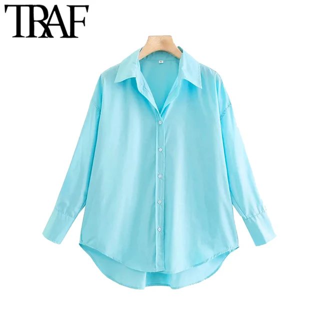 TRAF Women Fashion Loose Asymmetry Poplin Blouses Vintage Long Sleeve Button-up Female Shirts Blusas Chic Tops 6