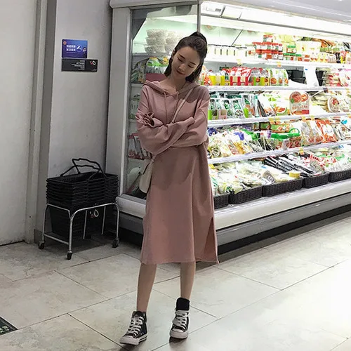 

Autumn And Winter Gentle Style Retro Loose-Fit Hoodie Base Skirt Mid-length College Style Pullover Dress Women's over-the-Knee