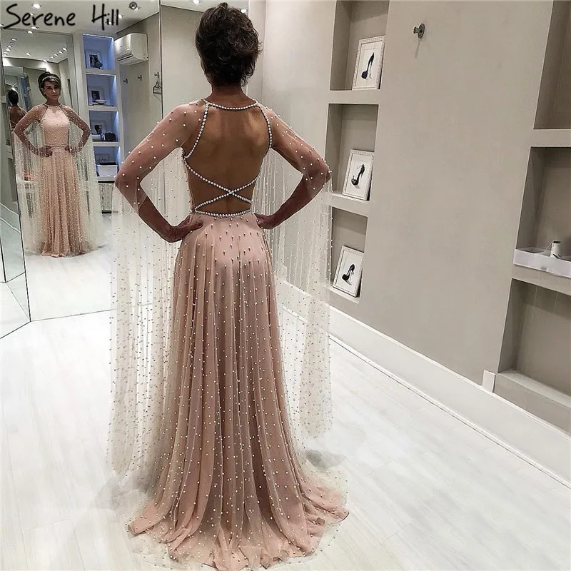 Latest Design Pink Backless Sexy Prom Dresses Pearls Sleeveless shawl Prom Gowns Serene Hill BLA60917
