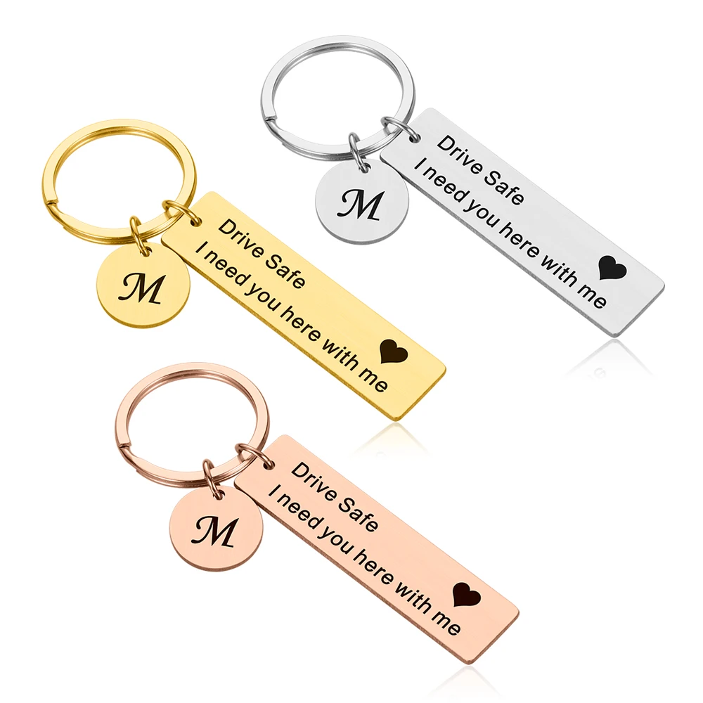 

Custom Keychain Engrave Keyring A-Z 26 Initials Letter Drive Safe Drive Safe I Need You Here with Me for Couples Men Women Gift