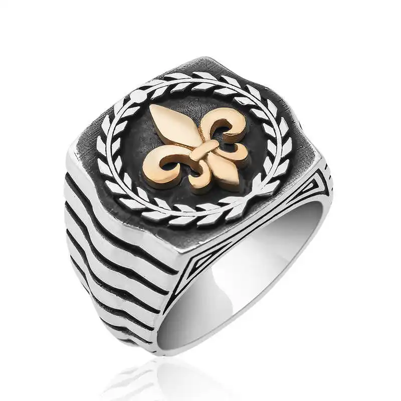 SilverLilyFlowerPatternMensRing925SterlingMensJewelry