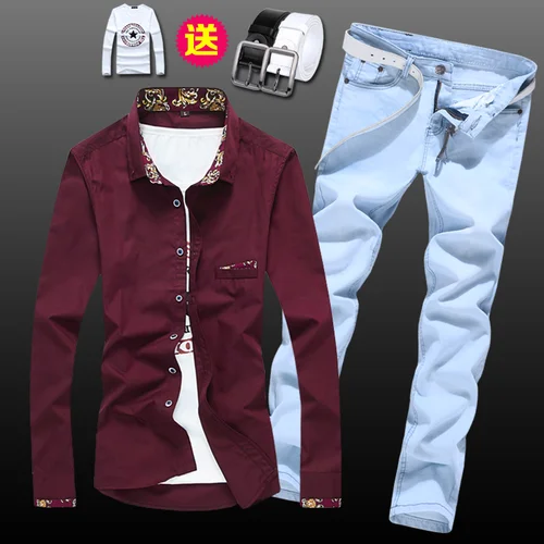 Весенне-осенняя мужская рубашка с длинным рукавом, узкие брюки, джинсы, облегающий комплект из 2 предметов, повседневные рубашки, брюки для мужчин, одежда E53 - Цвет: 3