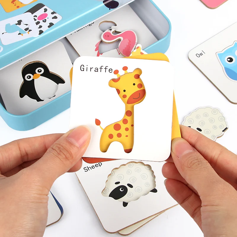 

Baby Kids Cognitive Puzzle Cards Montessori Toys Matching Game Cartoon Vehicle Animals English Learning Flash Cards For Children