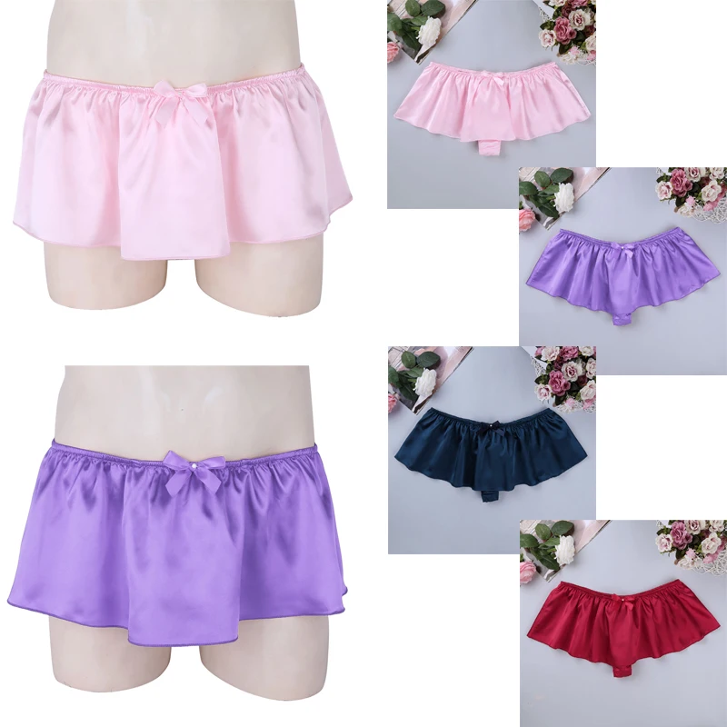 Men's Silk Satin Thong Sissy Crossdress Trunk Ruffled Skirted Panties mens silk pajamas short set