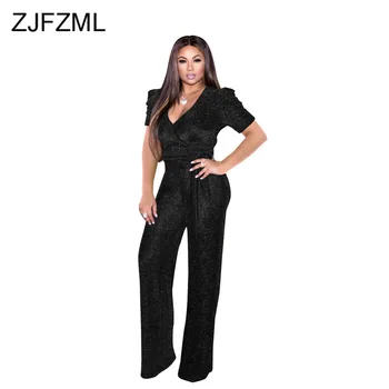 

Plus Size Summer Rompers Womens Jumpsuit High Waist Short Puff Sleeve Wide Leg Playsuit Sexy Deep V-Neck Full Length Bodysuit