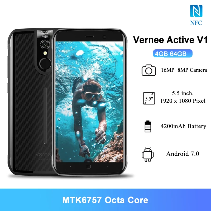 Vernee Active V1 NFC IP68 Waterproof Rugged Mobile Phones 5.5&quot MT6757 Octa Core 16.0MP 4200mAh Android 7.0 4GB 64GB Smartphone |