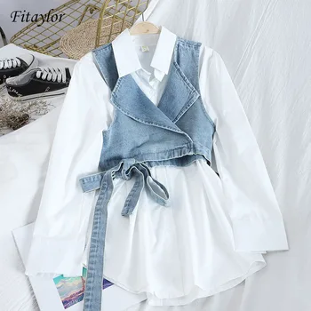 

Fitaylor Streetwear 2 Piece Set Women Spring Autumn Denim Vest Blouse Solid Lapel Slim Wild Female Casual Sets Tops