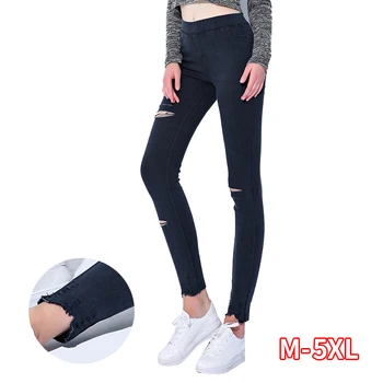 

Plus Size M-5XL Summer Hole Ripped Jeans Women Jeggings Cool Denim High Waist Skinny Jeans Pants Pencil Trousers Black