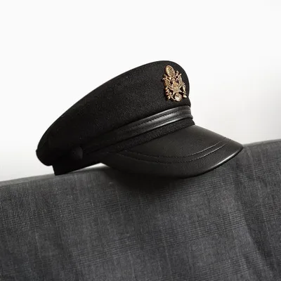 Leather tongue Badge Женские винтажные шляпы матроса с кораблем, женские шерстяные кожаные черные металлические значки, кепки для дам, высокое качество, Униформа, военные шапки - Цвет: Leather tongue Badge