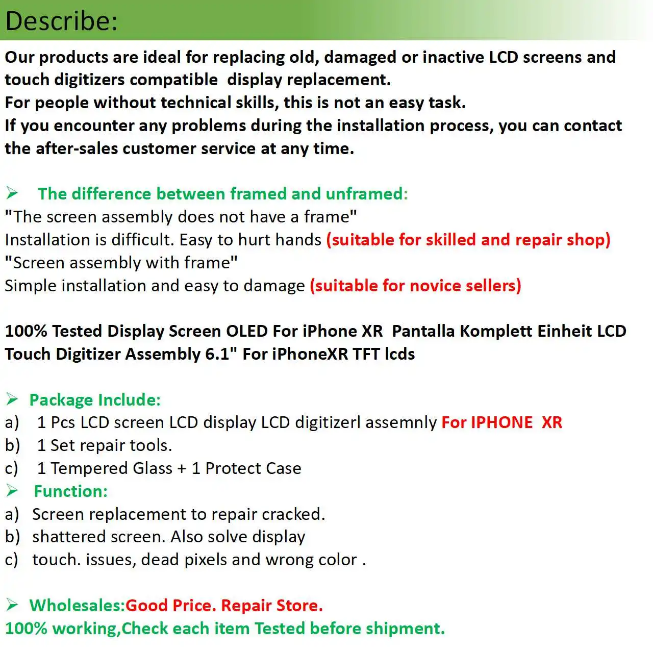 Протестированный экран OLED для iPhone XR Pantalla Komplett Einheit lcd сенсорный дигитайзер сборка 6," для iPhone TFT lcd s