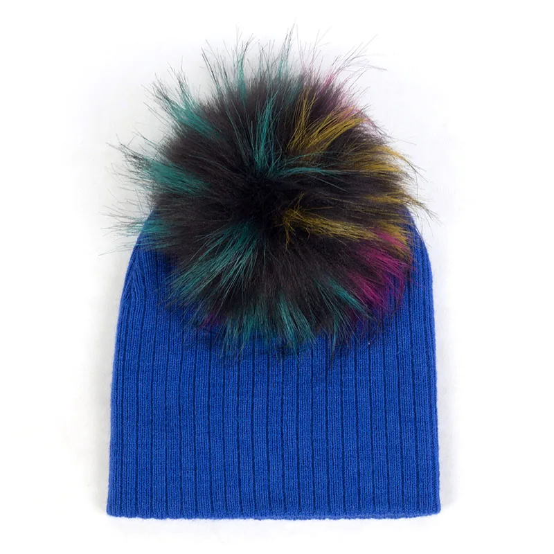 Royal blue23 Geebro/модные однотонные шапки с гофрированной резинкой для новорожденных, шапки с помпон с искуственным мехом, новые мягкие милые шерстяные лыжные шапочки для мальчиков и девочек - Цвет: Royal blue23