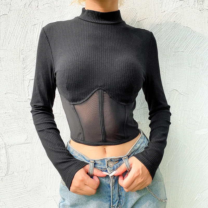 Weekeep, сексуальная сетчатая Лоскутная укороченная футболка с длинным рукавом, женская черная облегающая футболка с круглым вырезом, высокая уличная футболка, женский укороченный топ