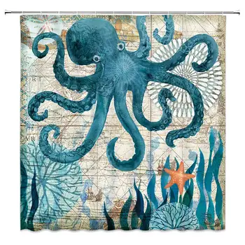 

Vintage Blue Octopus Shower Curtain Decor Old Map Seagrass Starfish Sea Monster Bathroom Curtain Decor Machine Washable