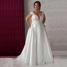 Tout An Plus Size Wedding Dresses A Line Satin Lace Top Cap Sleeves Corset Up Back Big Bridal Gowns Sweep Train Formal Marriage