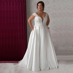 Tout An Plus Size Wedding Dresses A Line Satin Lace Top Cap Sleeves Corset Up Back Big Bridal Gowns Sweep Train Formal Marriage