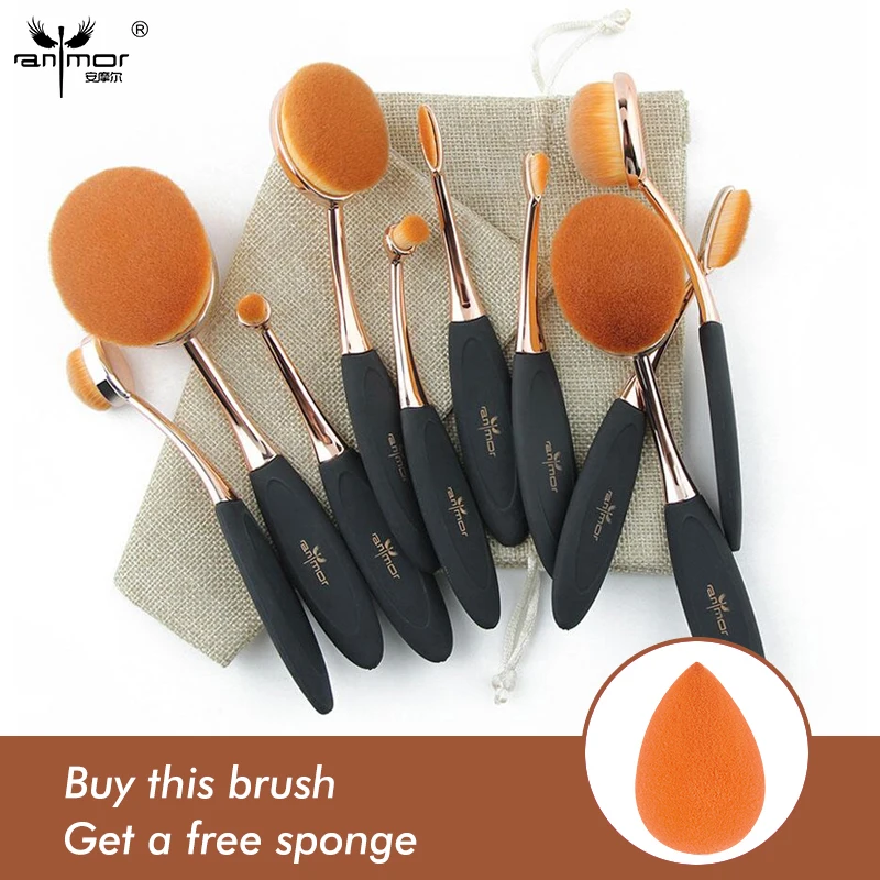 

Professional 10 pcs Oval Makeup Brushes Extremely Soft Makeup Brush Set Foundation Powder Brush Kit with Bag