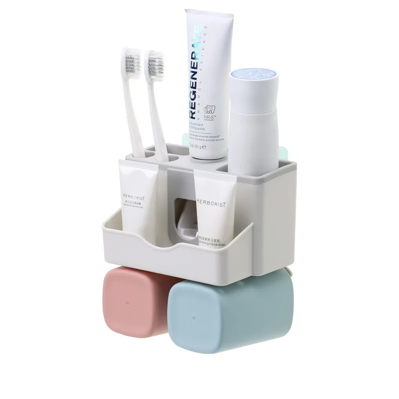  Couple Tooth Cup Toothbrush Holder Automatic Toothpaste Dispenser Punch-free Home Cosmetics Storage