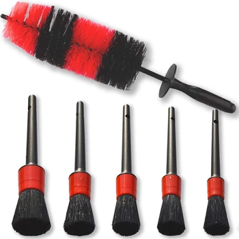 

NEW-Car Wheel Cleaning Brush Kit-43cm Long Soft Bristle Tire Brush and 5 Different Sizes Boar Hair Detail Brushes
