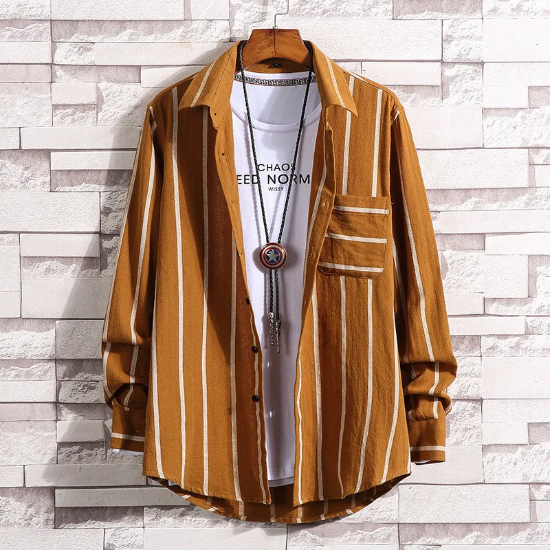 

2020 Casual Loose Coat Man Vertical Stripe Lapel Shirt Long Sleeve Shirt Men's Fashion Black White Stripe Loose Male Clothing