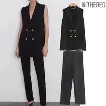 Увядшая английская Офисная Леди двубортный вязаный жилет куртка топ и прямые ноги вилка открытие костюм брюки комплект из 2 предметов блейзер