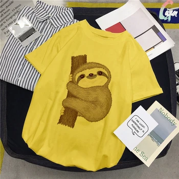 

Sloth That Is Inferior To Pig And Dog Print Yellow TShirt Spoof Personality Vogue Summer Harajuku Casual Loose T-Shirt Women Top