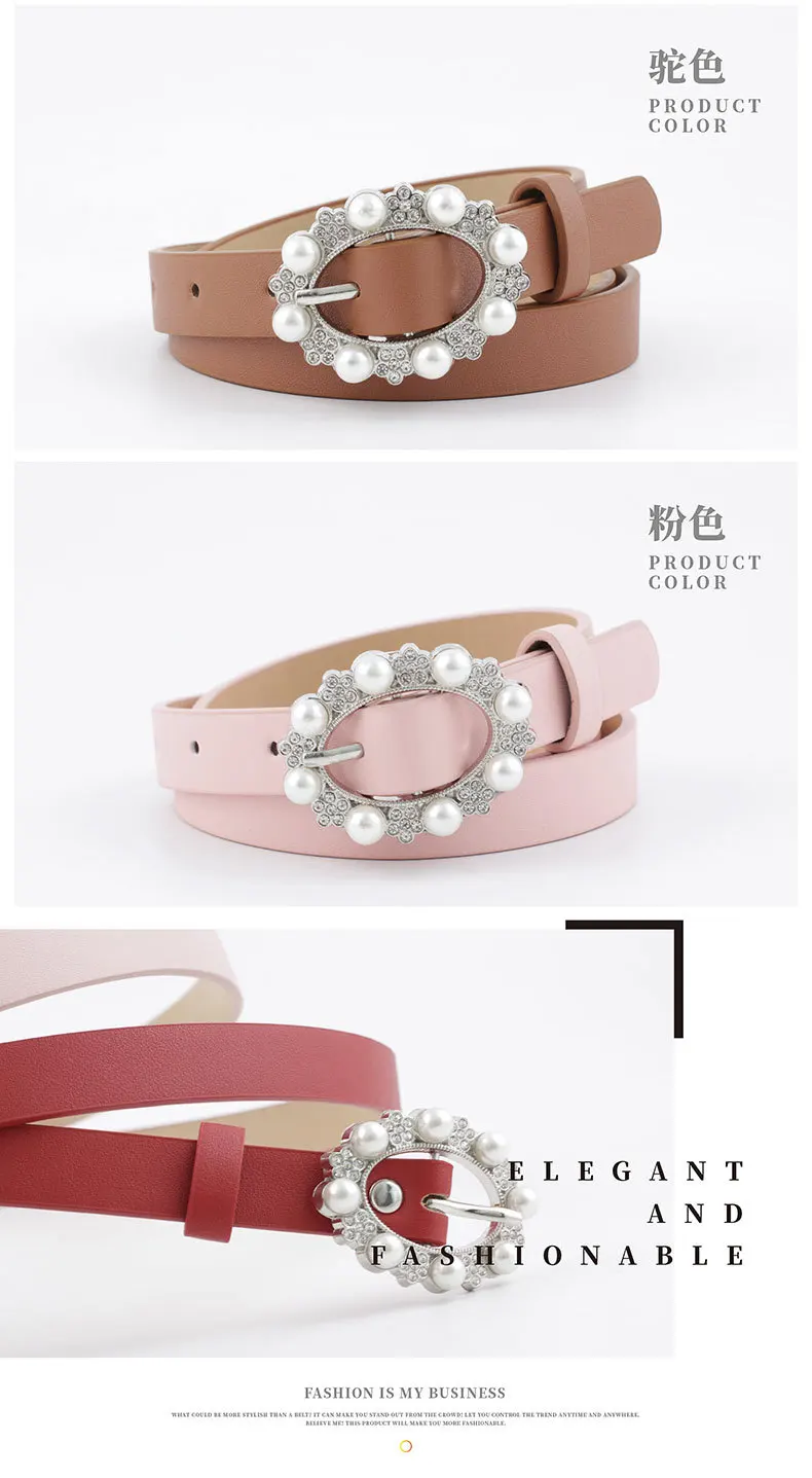 107x1.8cm Summer new womens Pearl inlay belts for women dress vintage black thin belt waistband female ceinture femme N181