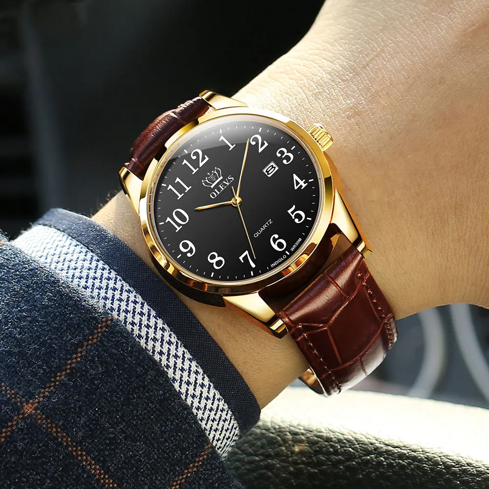 Мужские наручные часы Reloj hombres OLEVS коричневые повседневные из натуральной кожи