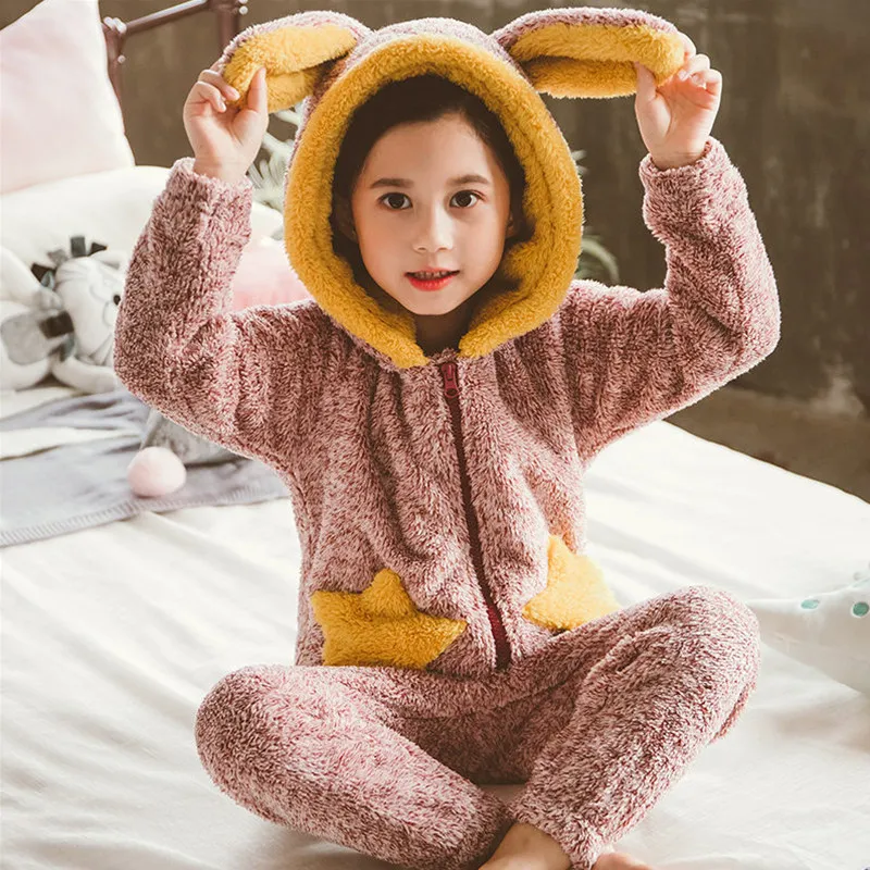 Детский зимний пижамный комплект из двух предметов с капюшоном для девочек и