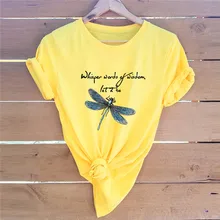 

Summer Cotton TShirt Women Fasion Dragonfly Printed Shirt Female T-shirts O Neck Short Sleeve Top T Shirt Graphic Tee T-Shirt