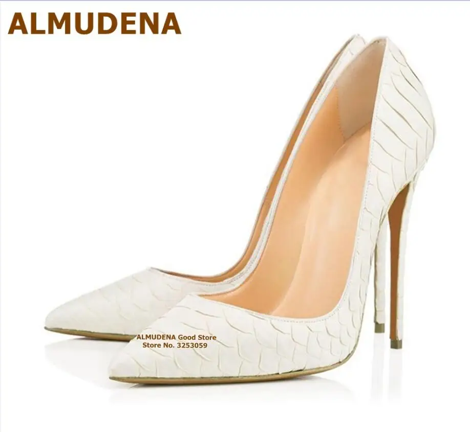 

ALMUDENA Women Elegant Snaskin Shallow Cut Dress Pumps 12 10 8CM Heel Pointed Toe Fish Skin Pattern Wedding Shoes Size45 Runway