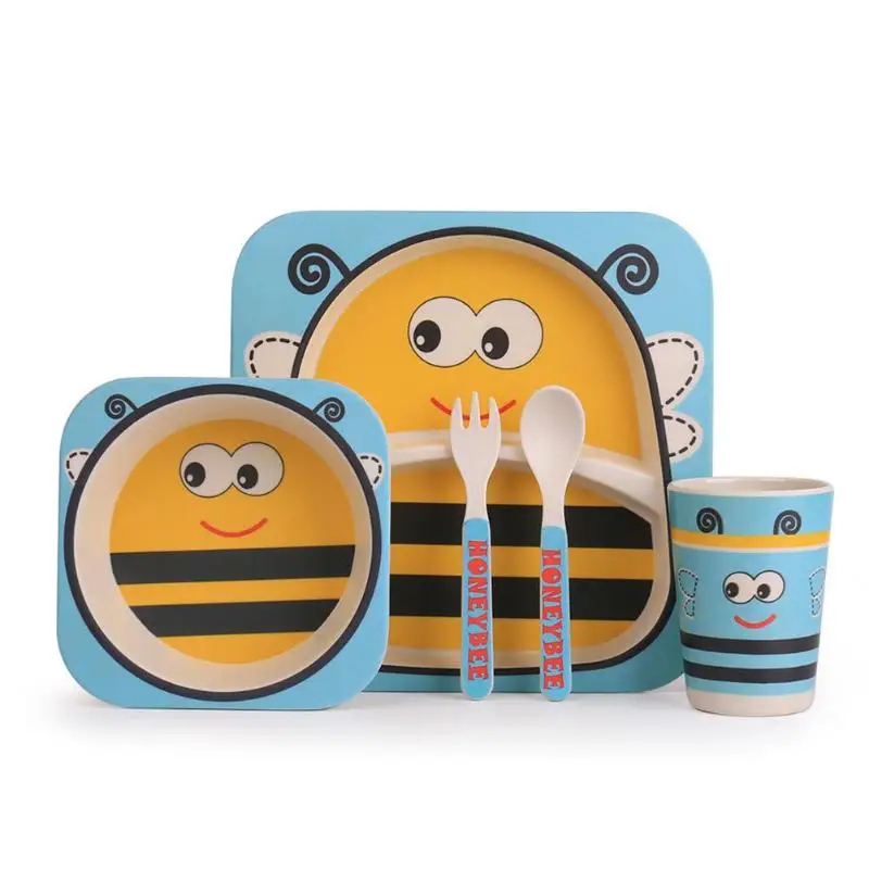 Blue bee 3/5pcs Cute Children Tableware Newborn Baby Cartoon Animal Feeding Plate Set Biodegradable Bamboo Fiber Bowl Cup Fork Spoon Set - Цвет: Blue bee