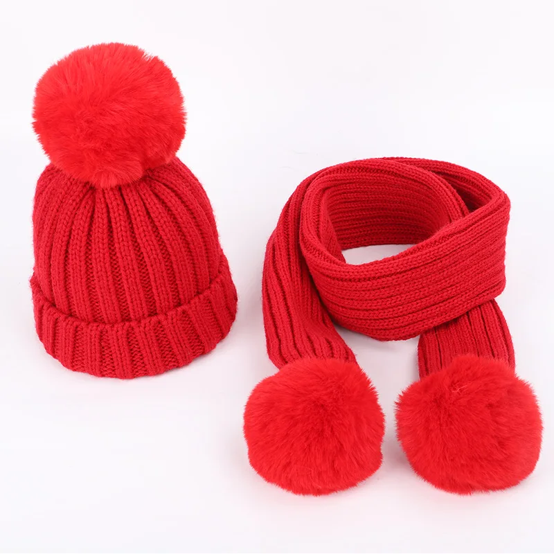 Милый Детский костюм, зимняя шапка с помпоном, шарф для девочек и мальчиков, вязаная шапка, одноцветная Пушистая Шапка, Детский Теплый хлопковый пуловер - Цвет: Red-1