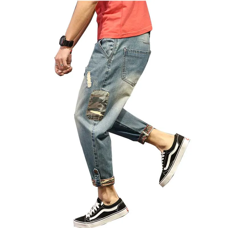 4 Season Harem Jeans Men Casual Camo Patchwork Ripped Jeans Loose Baggy Denim Pants Joggers Trousers Man Clothing