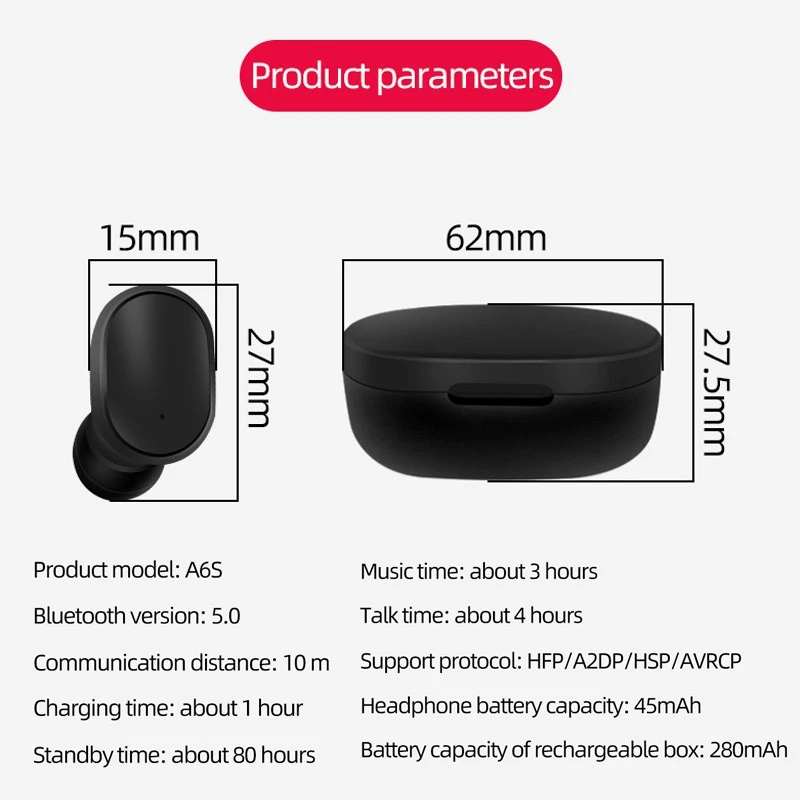 Беспроводные наушники A6S PK Red mi Airdots стерео наушники Bluetooth 5,0 с mi c спортивные наушники PK mi наушники TWS