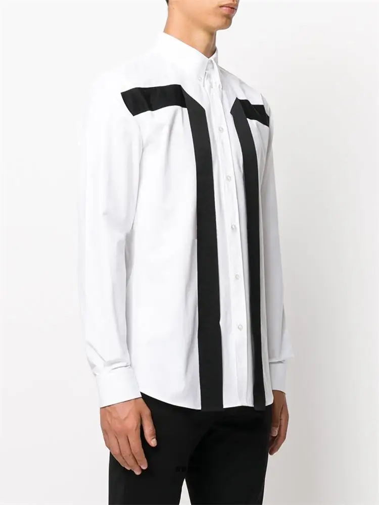 

Men's new style men's fashion street ribbon splicing simple design shirt urban youth style large shirt