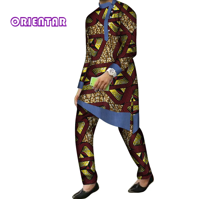 12 2 Pieces Set Men African Clothes Long Sleeve Shirt and Pants Traditional African Bazin Riche Print Dashiki Suit Trousers WYN844 - Цвет: 12