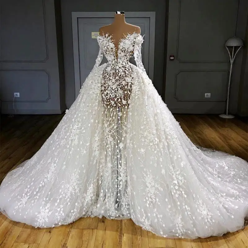 Vestido de novia de lujo con apliques de perlas, manga larga, cuello  redondo|Vestidos de novia| - AliExpress