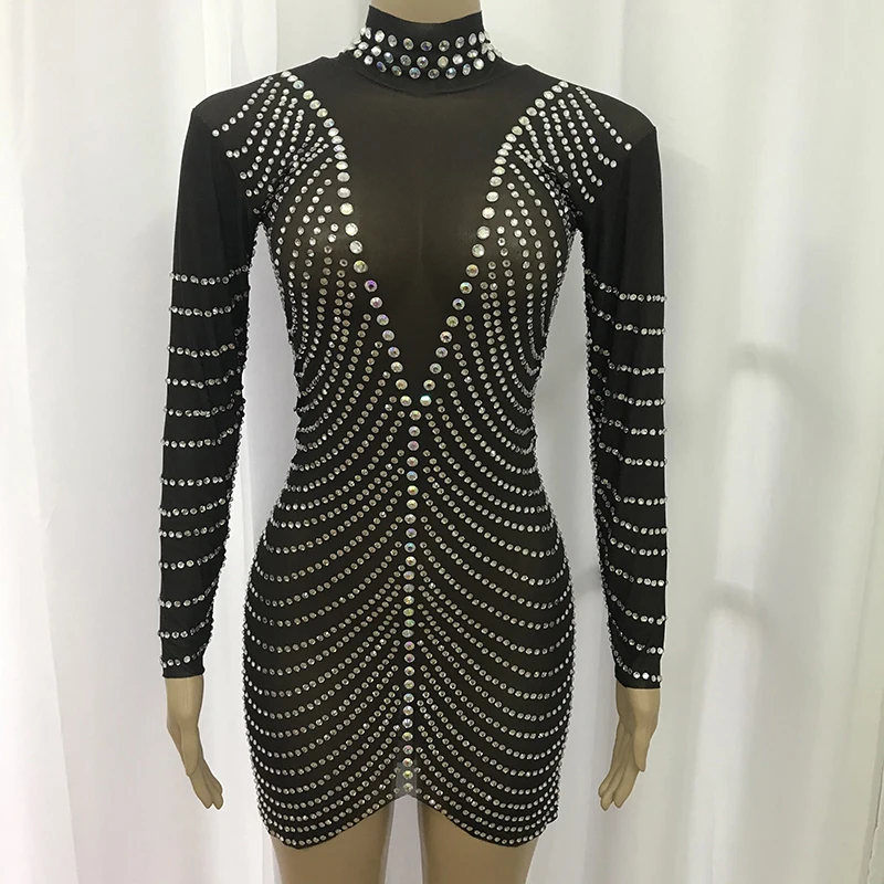 

Black Sexy Stage AB Rhinestones Stretch Dress Rhinestones Evening Birthday Party Dance Stones Outfit Stage Performance Costume