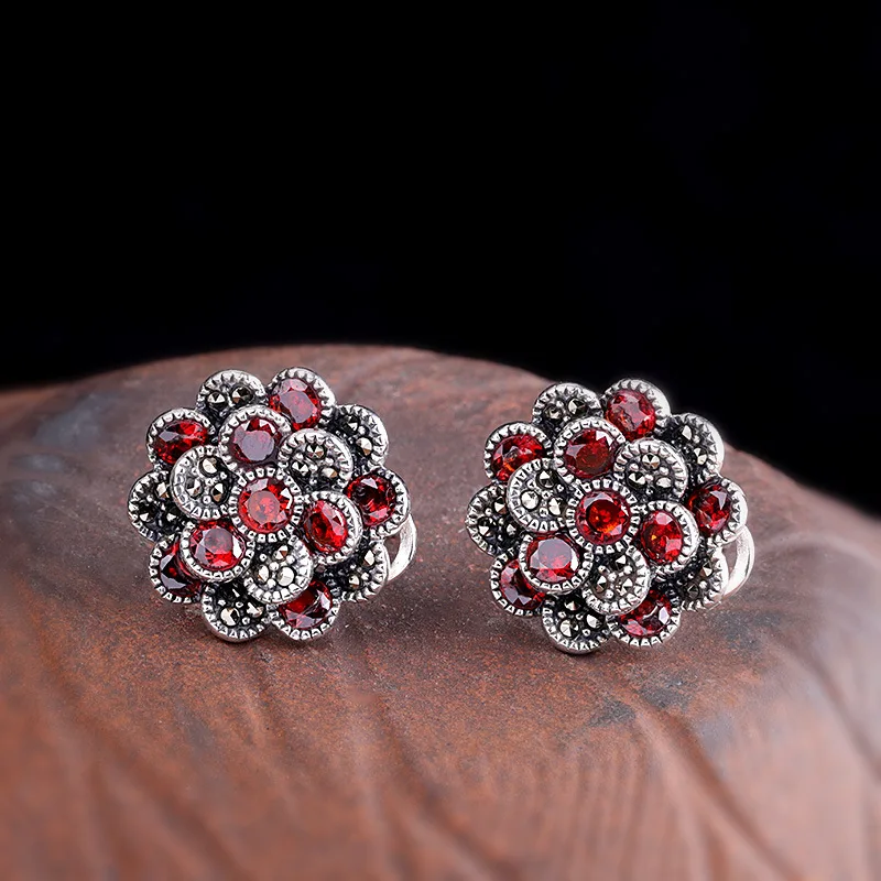 Uglyless Blooming Flower Garnet Earrings for Women Vintage Ethnic Marcasite Stud Earrings Real 925 Silver Brincos Jewelry E1540