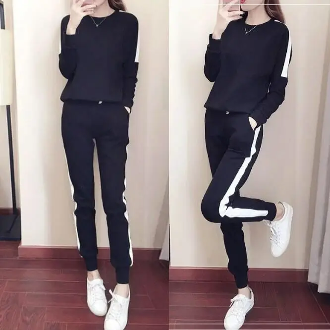 Black TYZ969 Комплект из двух предметов, Осень-зима, модная одежда для женщин, повседневный теплый спортивный костюм в полоску, Женский пуловер с длинным рукавом и брюки, комплект - Цвет: Black TYZ969