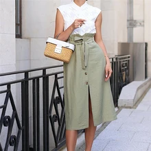 Новые повседневные женские юбки с высокой талией и пуговицами, женские юбки средней длины с разрезом спереди, повседневные платья трапециевидной формы