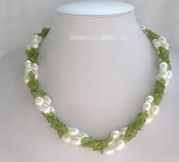

Jewelry Pearl Necklace stunning 3rows 11mm rice white freshwater pearls green peridot necklace Free Shipping