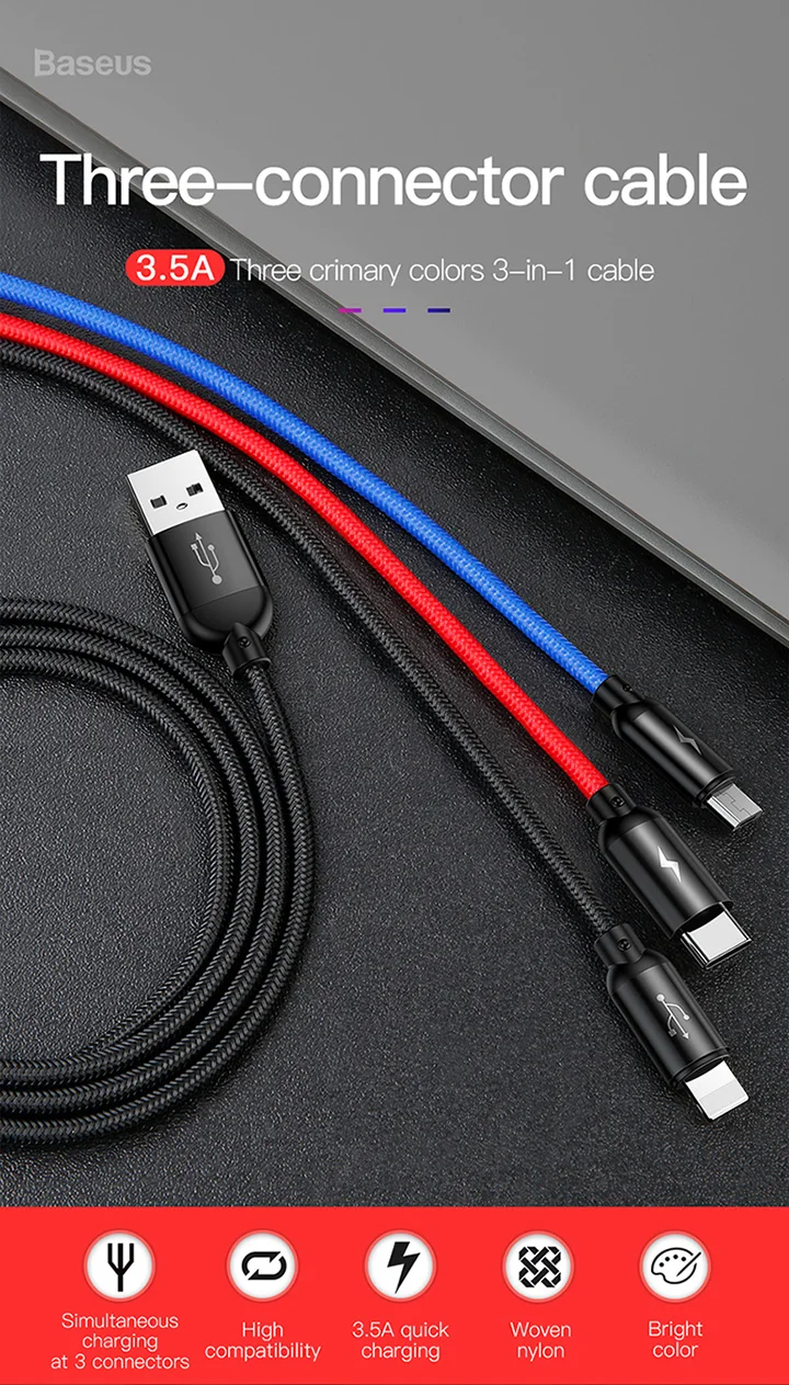 Кабель для мобильного телефона BASEUS, 3 в 1, кабель Micro USB, кабель usb type-C, кабель type-C для зарядки samsung, Xiaomi, USB, шнур для освещения