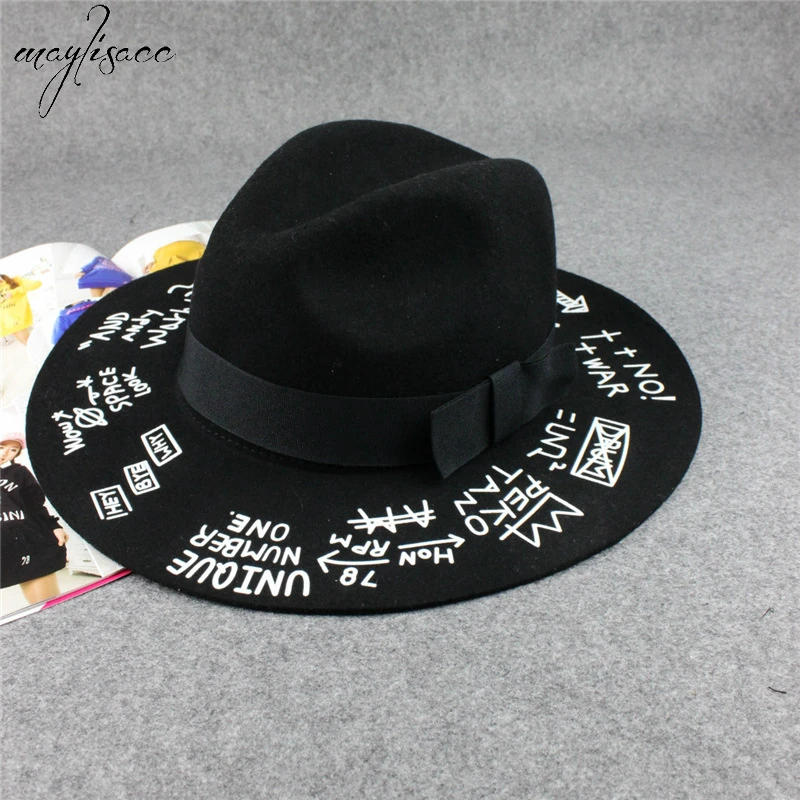 

Women Men's Fedoras Autumn Winter Printed Letter Pure Color Wide-brimmed Woolen Fedora Hat Wool Hat Women Mens Fedora Hat