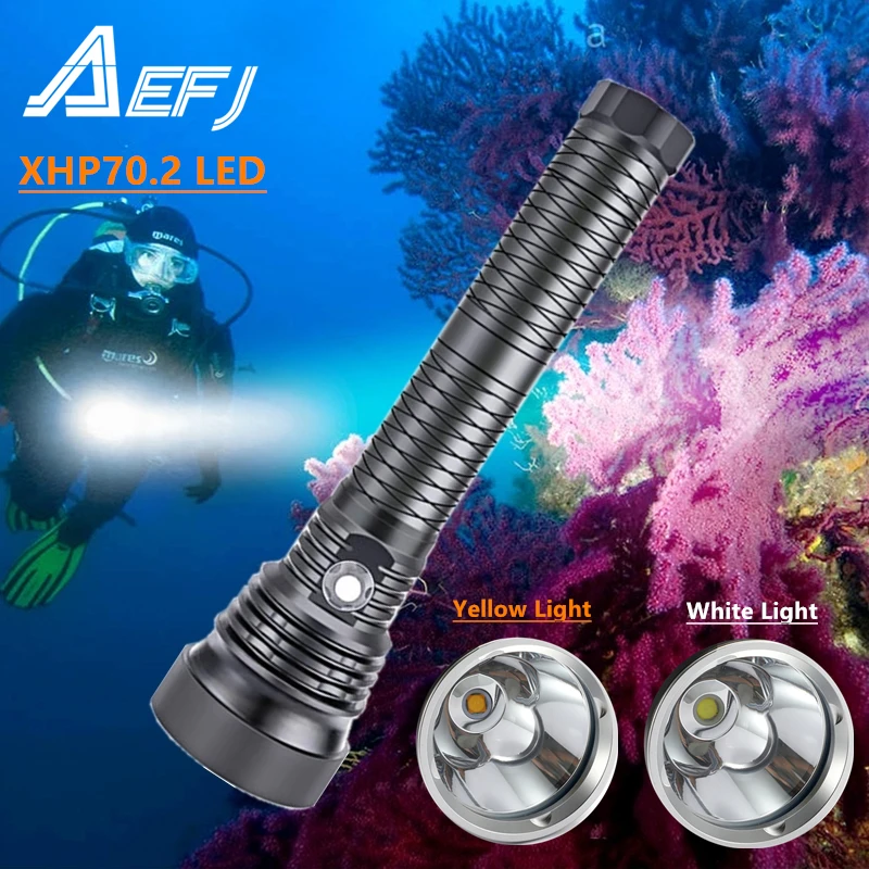 Diving Flashlight  7000 LM XHP70.2 LED Underwater Professional Diving Torch Waterproof 150M Outdoor Dive LED Yellow/White Lamp